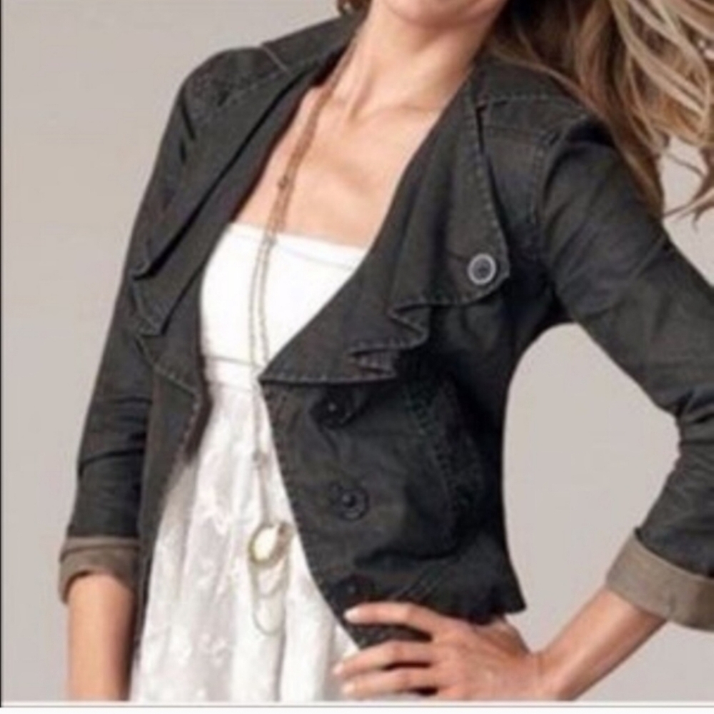 CAbi Moto Jacket Waxed Linen Womens‎ Size M Ruffle Front Black Brown Grey Rustic